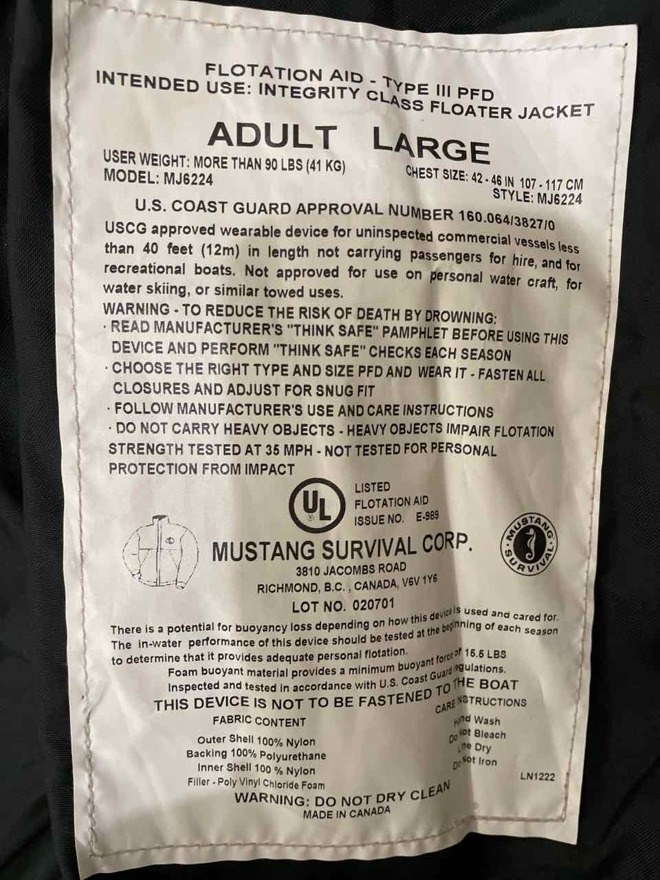 Mustang Survival Float Coat Men's L